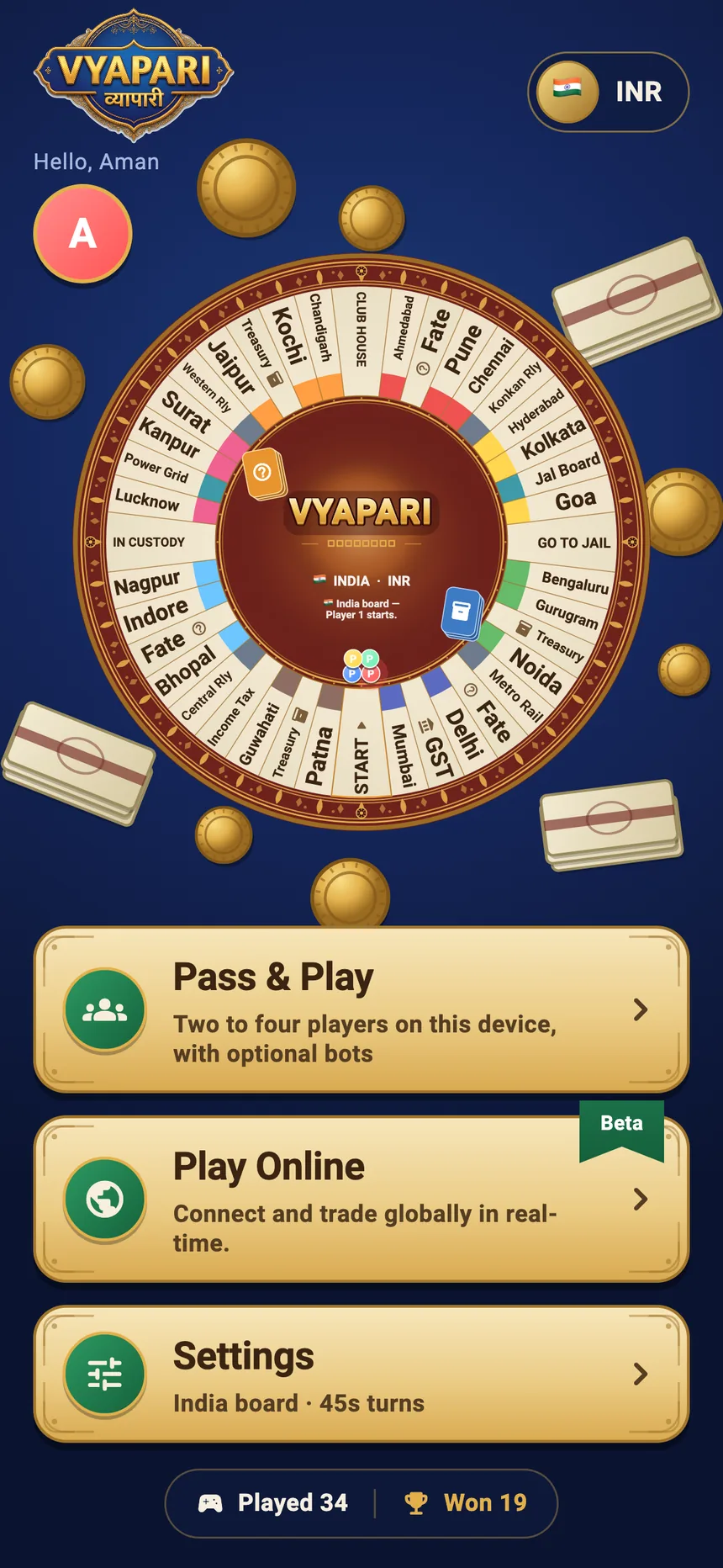 The home screen showing the India board and the play modes