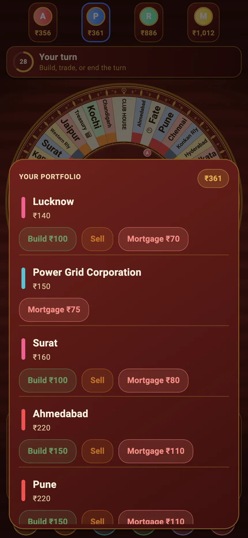 The property sheet listing owned deeds with build, sell and mortgage actions